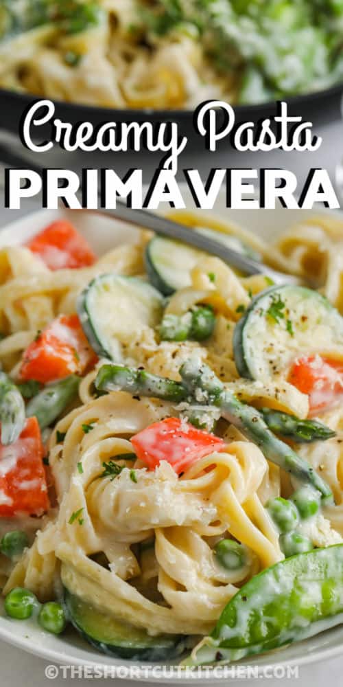 a serving of pasta primavera with text