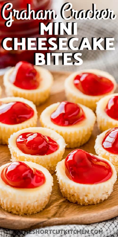 Mini cheesecake bites on a serving tray with text