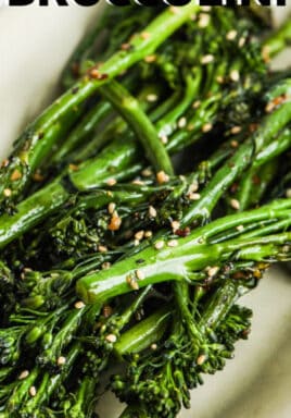 close up of plated Roasted Broccolini with a title