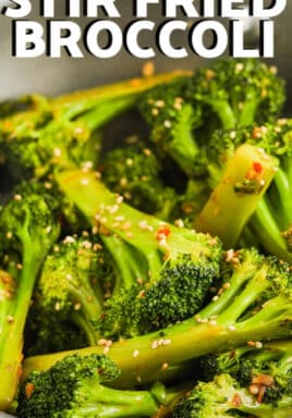 Stir Fried Broccoli in a bowl with text