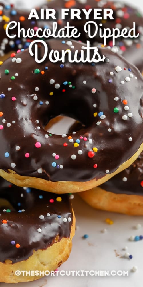 chocolate dipped donuts with sprinkles with text