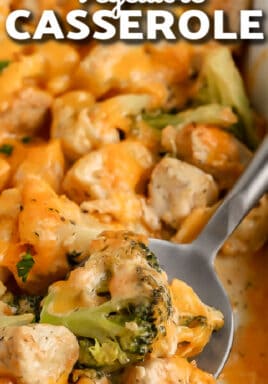 serving spoon scooping cheesy chicken vegetable casserole from a dish with text