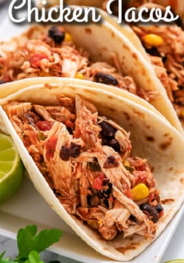 Crockpot shredded chicken tacos with text