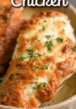 crispy cooked Melt In Your Mouth Chicken in a dish with text