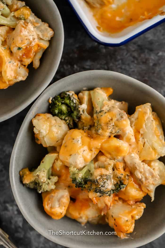 top view of cheesy chicken vegetable casserole in a bowl