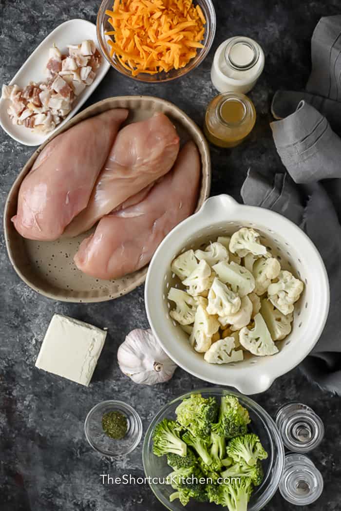 top view of ingredients for cheesy chicken vegetable casserole