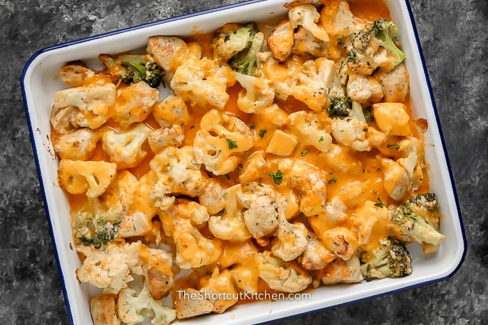 cheesy chicken vegetable casserole in a dish