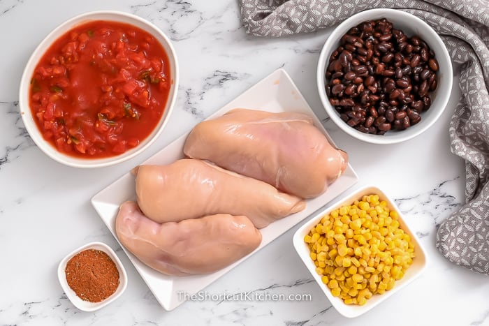 Ingredients assembled to make Crockpot shredded chicken tacos