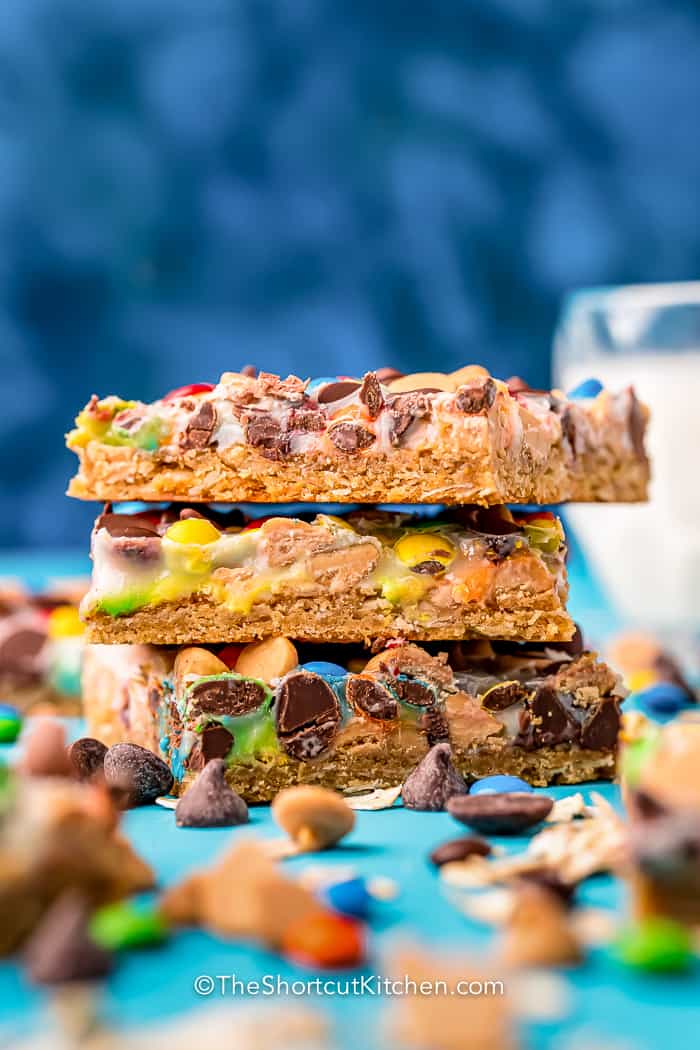 a side view of a stack of Monster Cookies Magic Bars