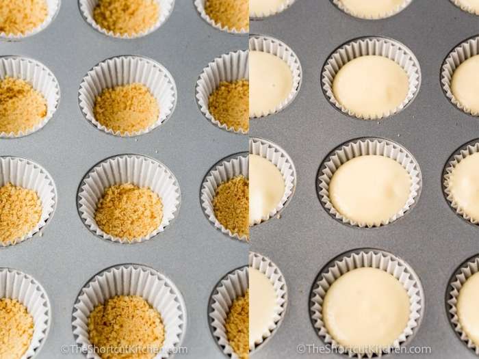 process of adding ingredients to muffin tin to make Mini Cheesecake Bites