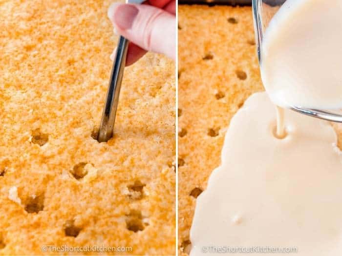 poking holes and adding glaze to a Rumchata Poke Cake