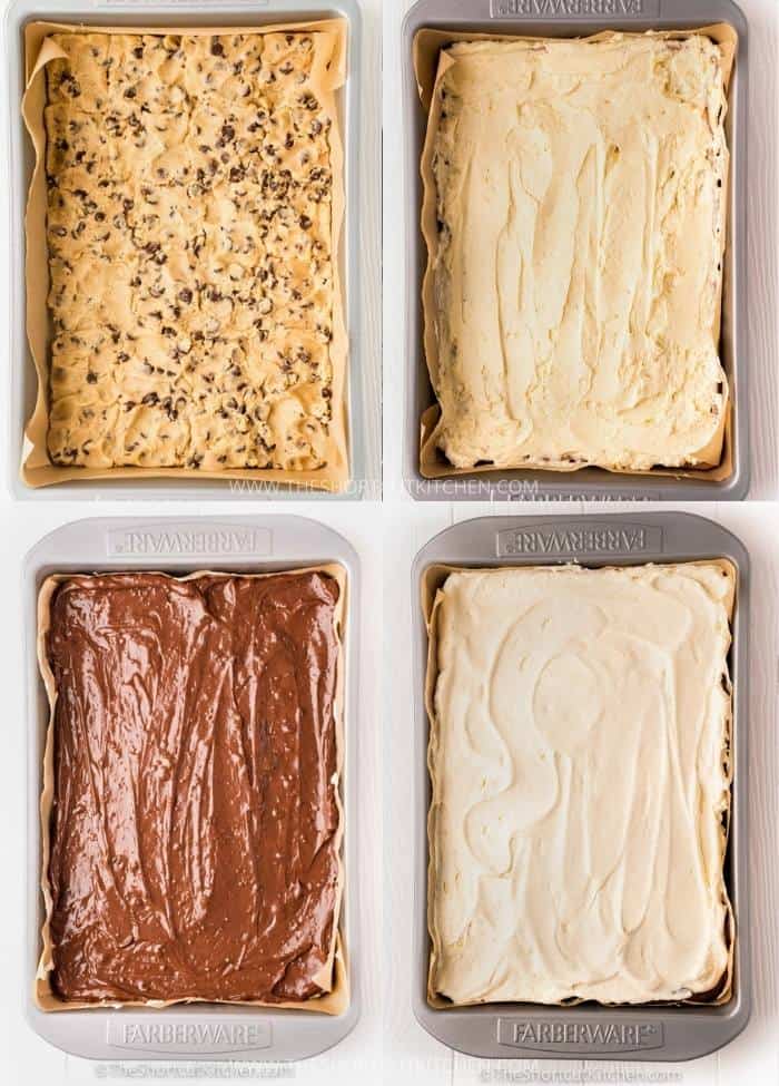 process of adding layers to Chocolate Chip Cookie Lasagna