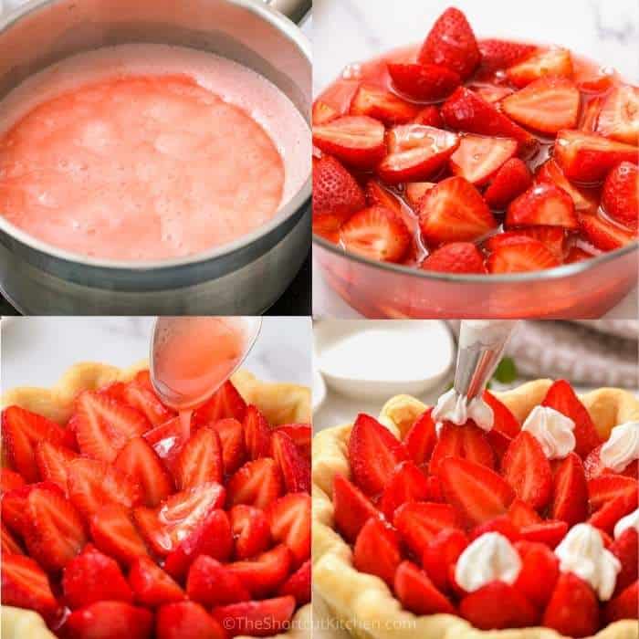 process of adding ingredients to pie shell to make Fresh Strawberry Pie