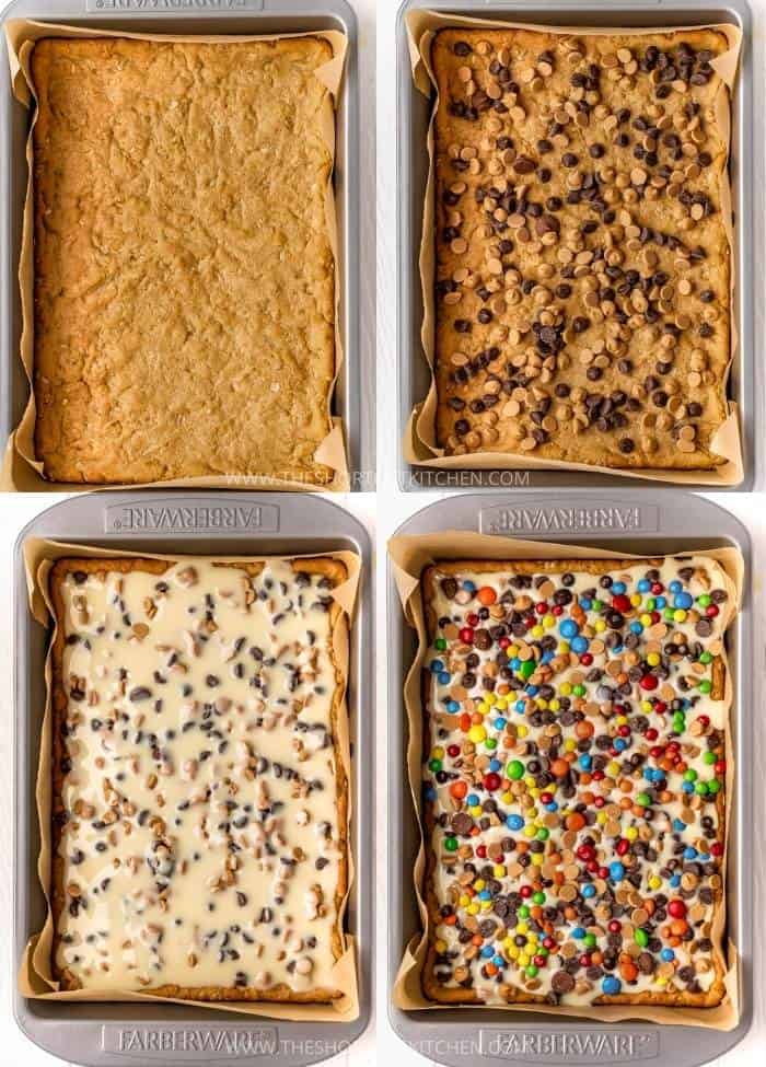process of adding ingredients to pan to make Monster Cookie Magic Bars