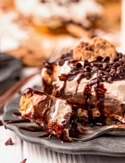 plated Chocolate Chip Cookie Lasagna with a fork full