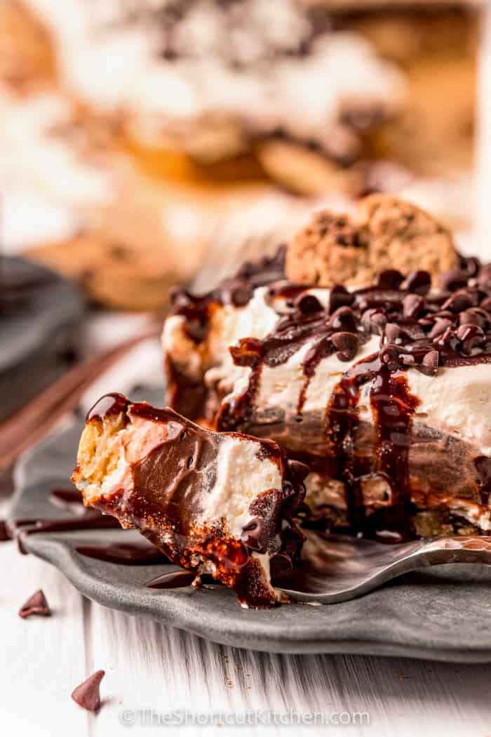 plated Chocolate Chip Cookie Lasagna with a fork full