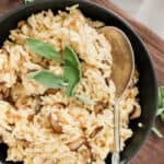 top view of plated Instant Pot Mushroom Risotto with a spoon