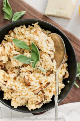 top view of plated Instant Pot Mushroom Risotto with a spoon