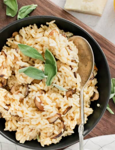 top view of plated Instant Pot Mushroom Risotto with a spoon