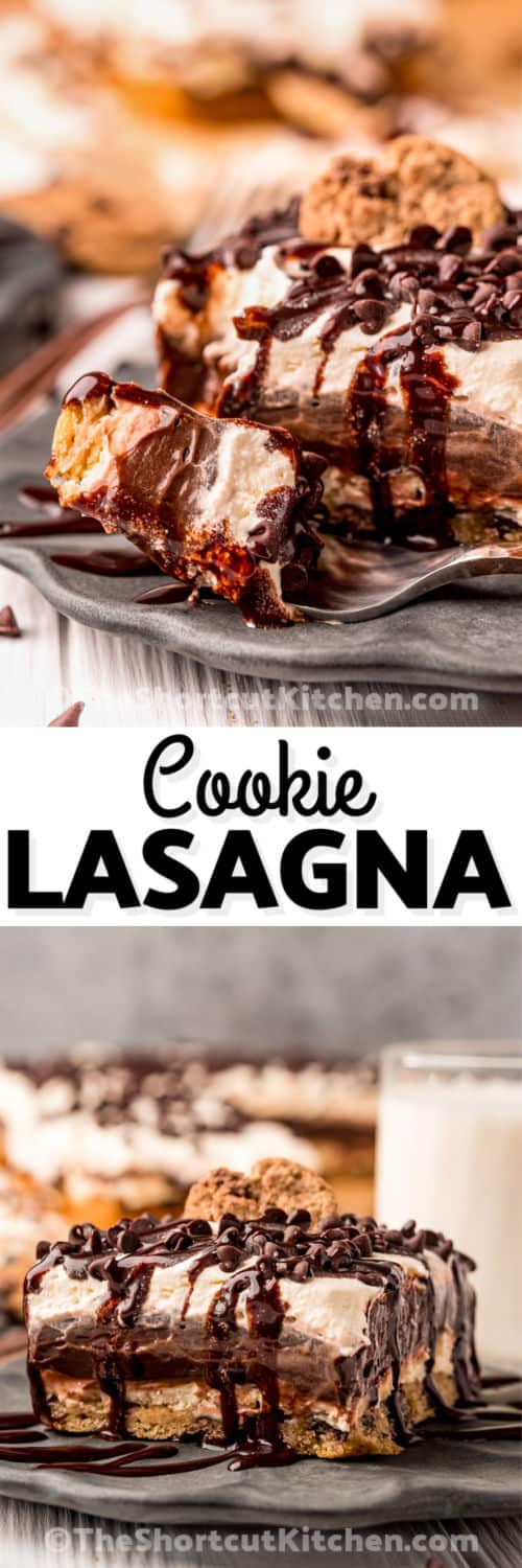 Chocolate Chip Cookie Lasagna plated and on a fork with a title