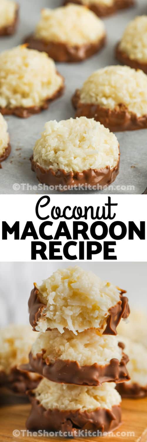 finished Coconut Macaroon Cookies and a pile of them with a title