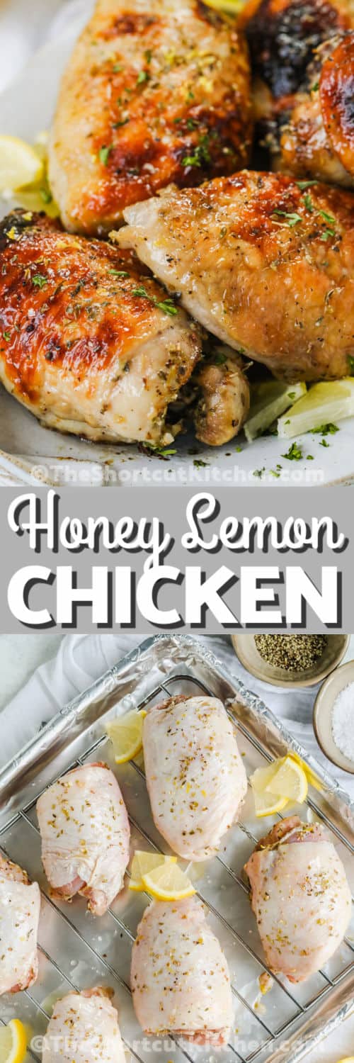 Lemon Honey Chicken before and after cooking with a title