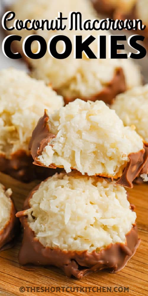 Coconut Macaroon Cookies with a bite taken out of one and a title