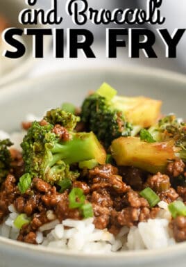 A bowl of Ground Beef and Broccoli Stir Fry with text.