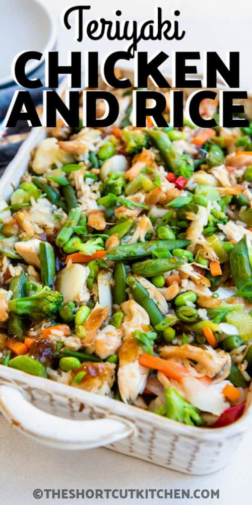 close up of Teriyaki Chicken and Rice Casserole with a title