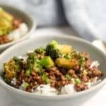 Ground Beef and Broccoli Stir Fry in a bowl with rice.