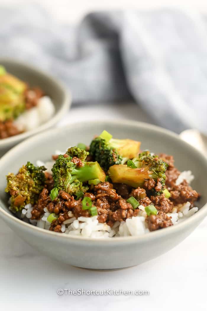 Ground Beef and Broccoli Stir Fry in a bowl with rice.