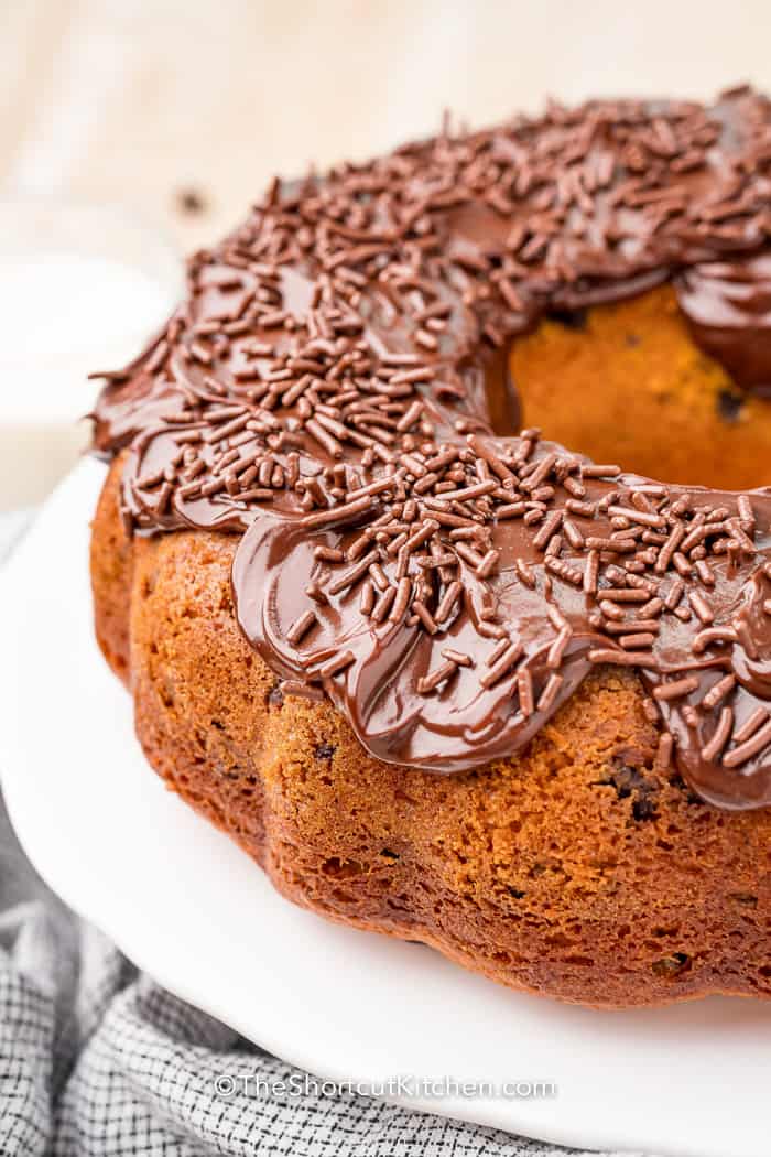 top angle view of a Chocolate Chip Bundt Cake