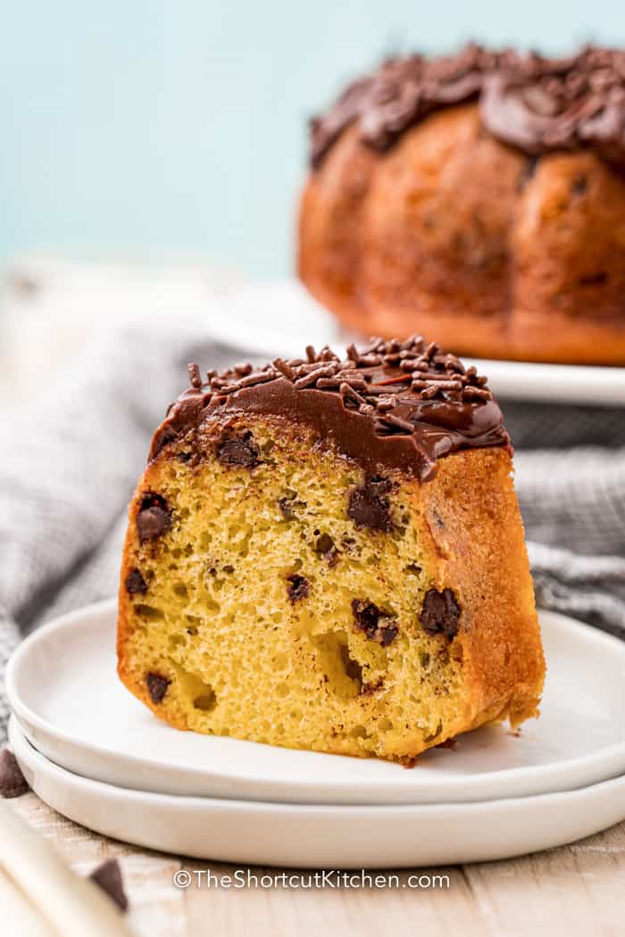 slice of Chocolate Chip Bundt Cake on a plate