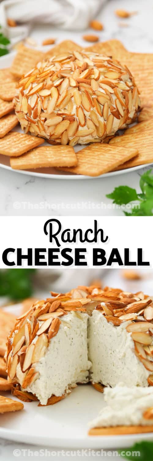Parmesan Ranch Cheeseball on a plate with crackers and a close up with a slice taken out and a title