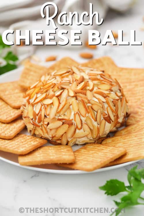 Parmesan Ranch Cheeseball on a plate with crackers and writing