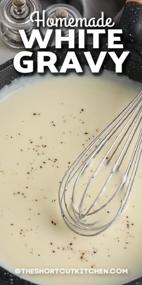 white gravy in a pan with text