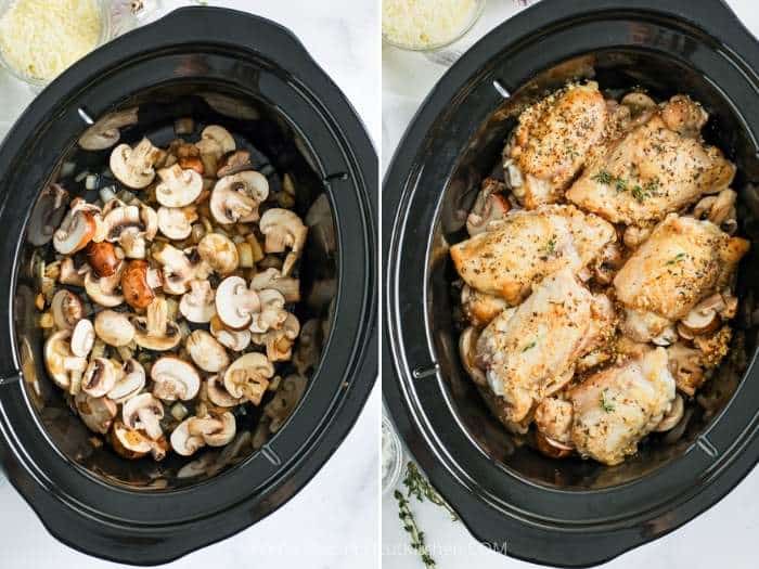steps to prepare creamy crockpot chicken thighs with mushrooms
