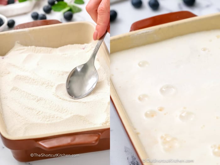 process of spreading cake mix over fruit, and the mixed berry dump cake after soda has been added.