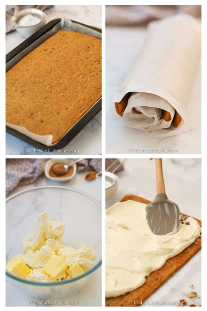 process of rolling and adding filling to a Pumpkin Roll