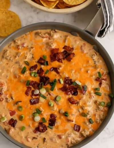 Bacon Beef Queso Dip in a pan