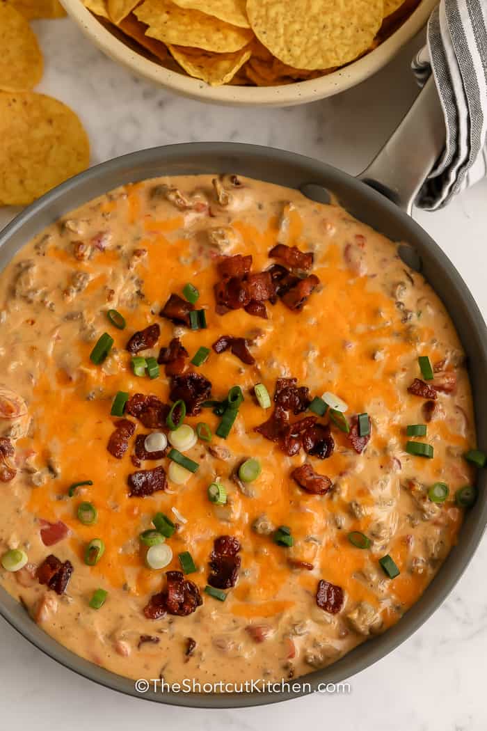 Bacon Beef Queso Dip in a pan