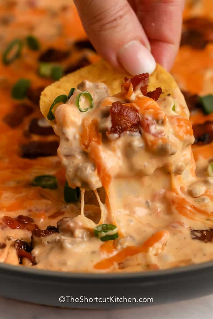 A chip with Bacon Beef Queso Dip on it