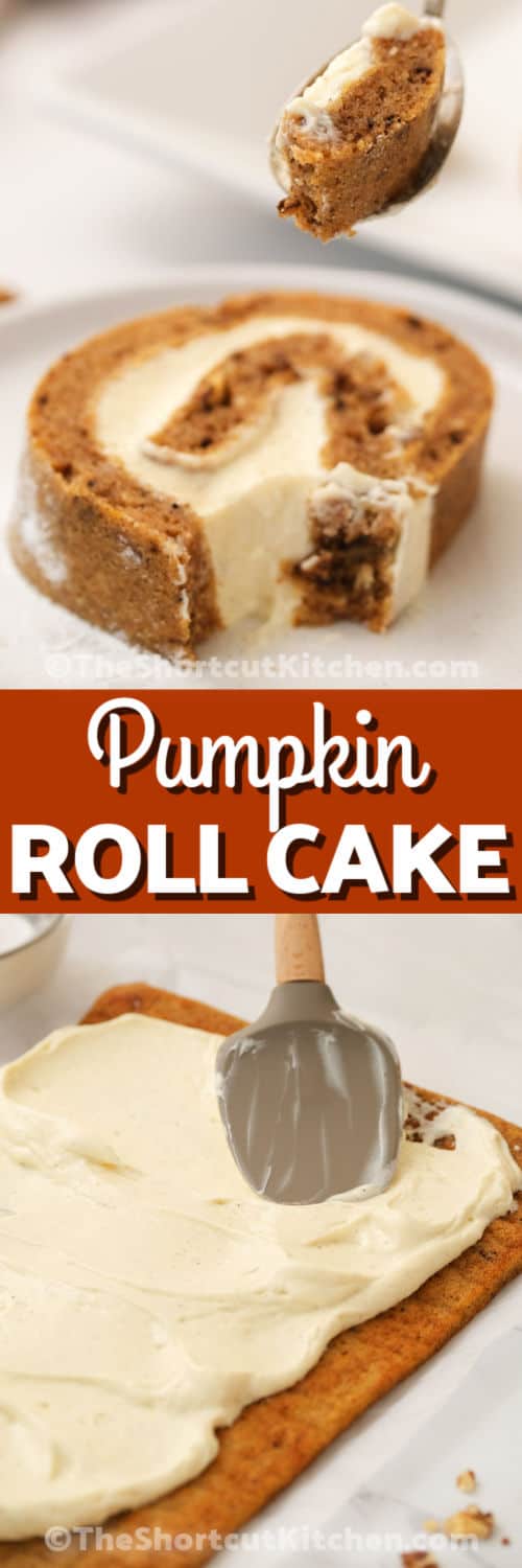 adding filling to Pumpkin Roll and plated dish with a title