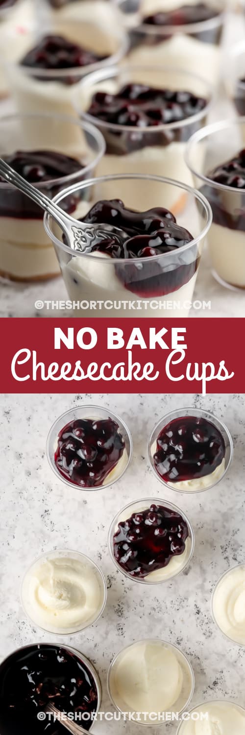 top view and angle view of No Bake Mini Cheesecake Cups with text