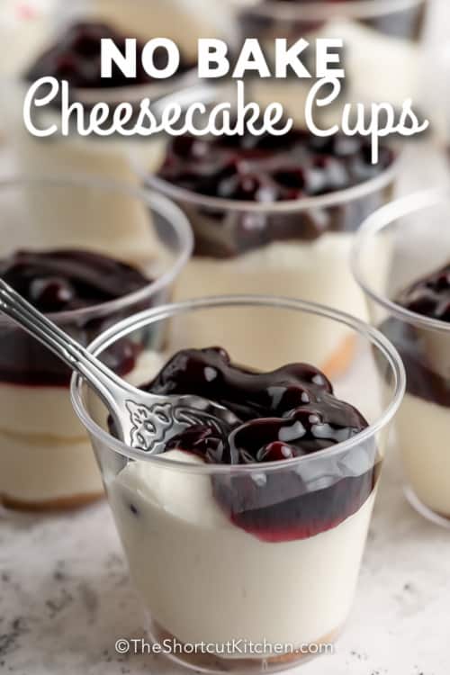 No Bake Mini Cheesecake Cups with text