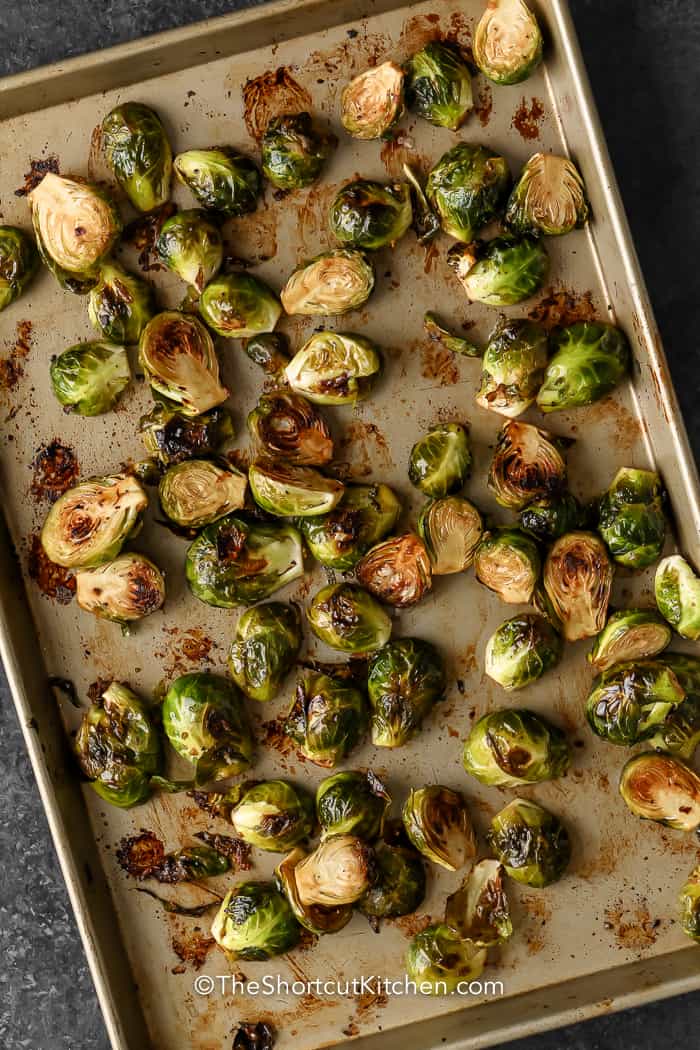 Roasted Brussel Sprouts with Balsamic Vinegar on a baking tray
