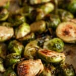 Roasted Brussel Sprouts with Balsamic Vinegar on a baking sheet