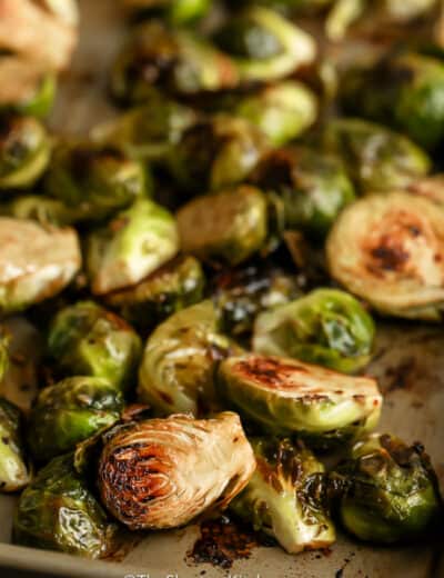 Roasted Brussel Sprouts with Balsamic Vinegar on a baking sheet