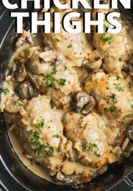 creamy crockpot chicken thighs with mushrooms in a slow cooker with writing
