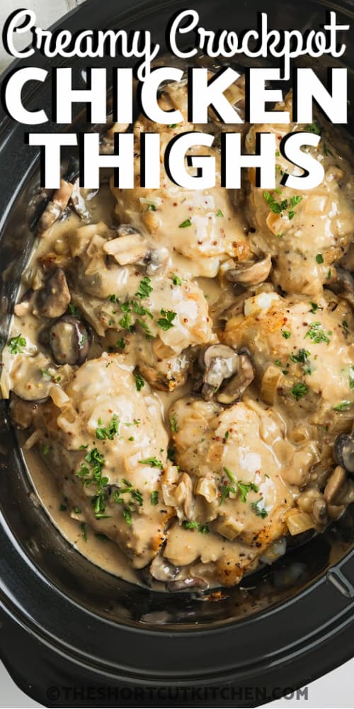 creamy crockpot chicken thighs with mushrooms in a slow cooker with writing